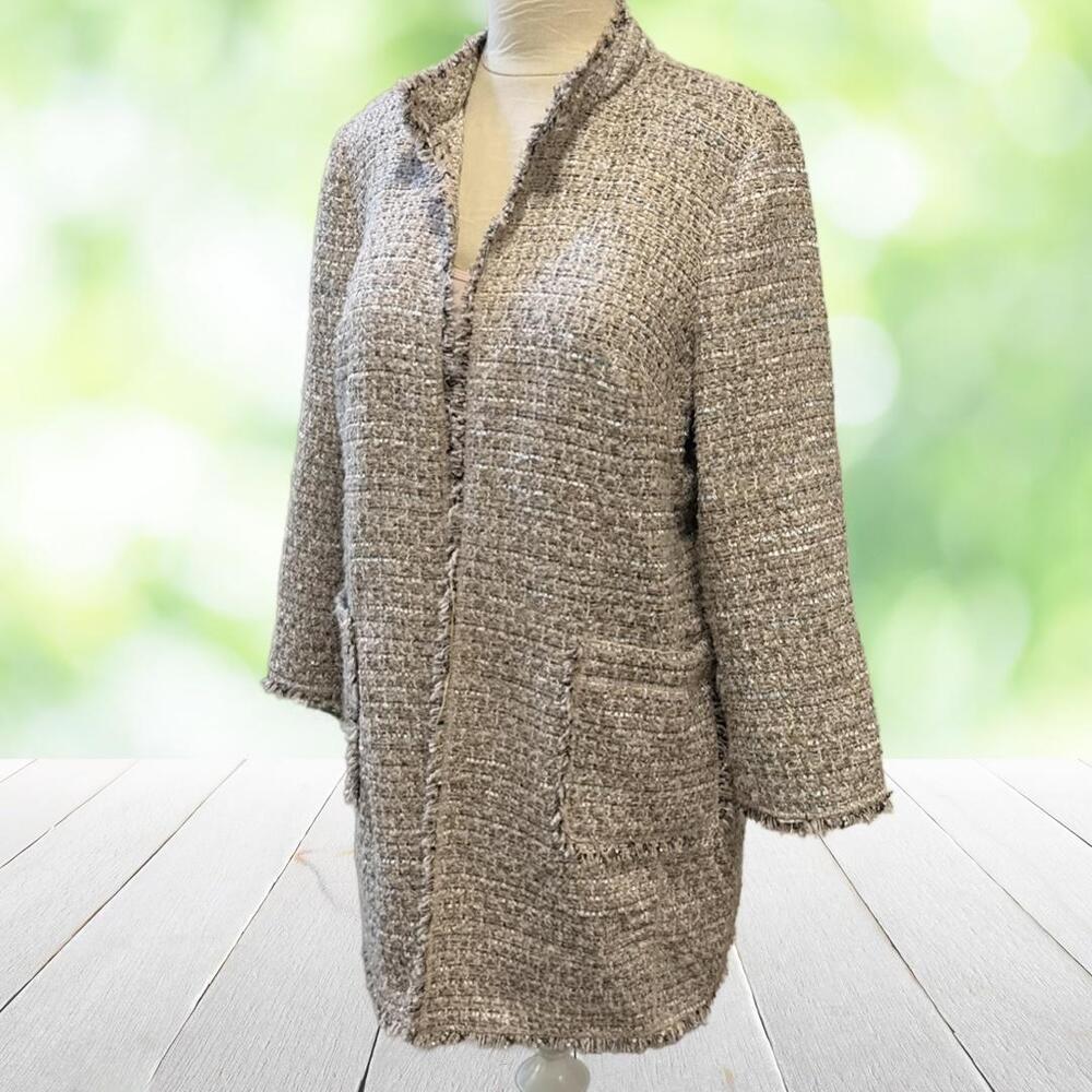 CHICOS Textured Tweed Jacket Open Front Fringe Longline Pockets Shimmer Sz 2 (L)